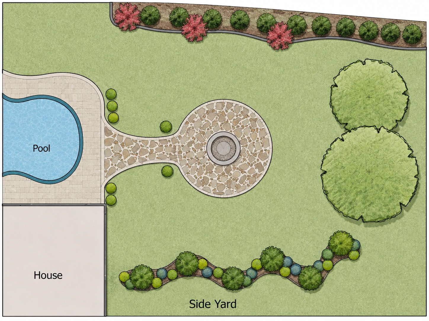 Poolside fire pit and garden plan