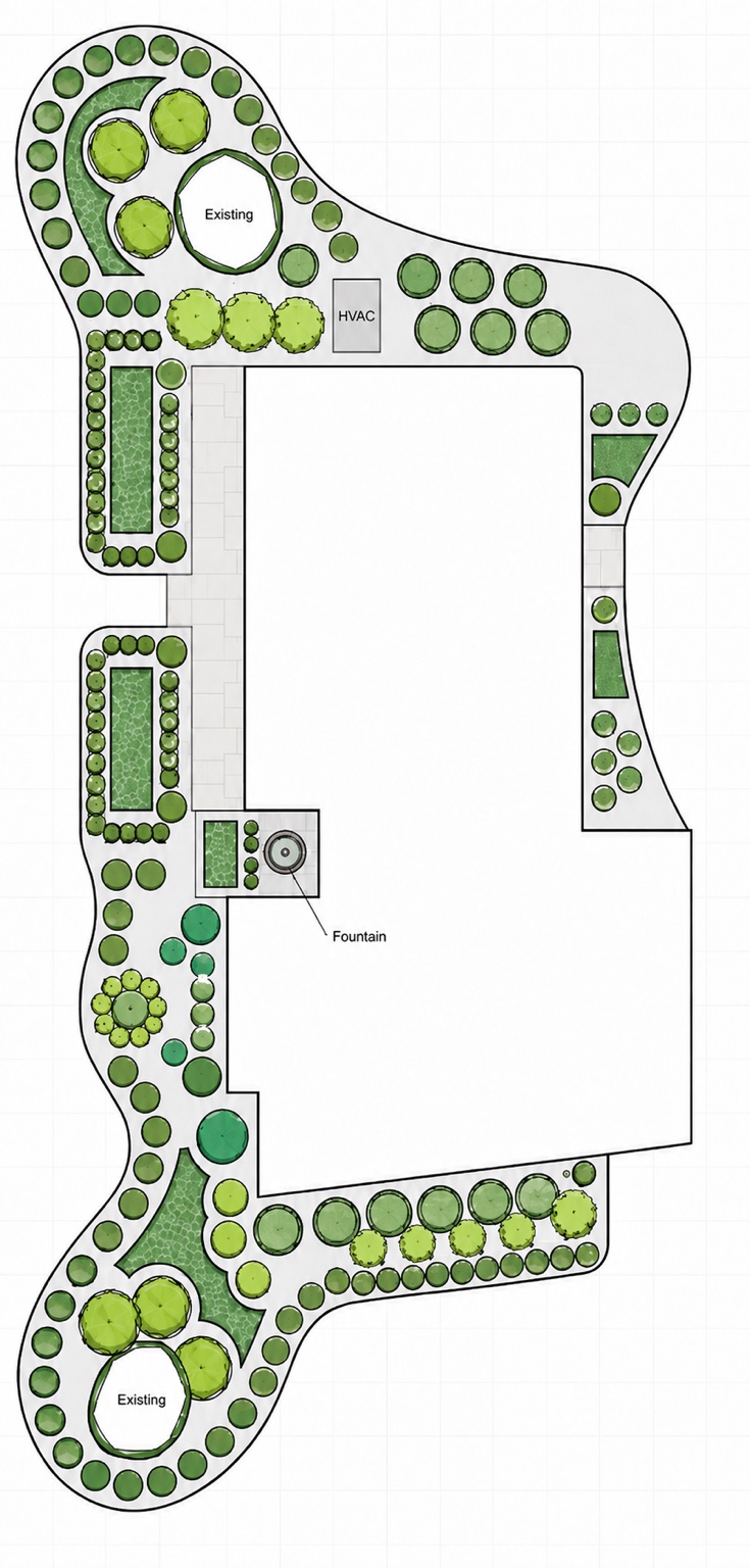 Foundation planting and fountain plan